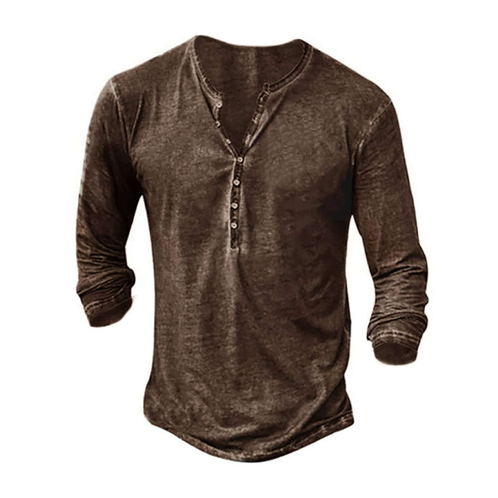 Cross-border European and American foreign trade retro button long-sleeve with 3D digital printing, men's solid color versatile T-shirt