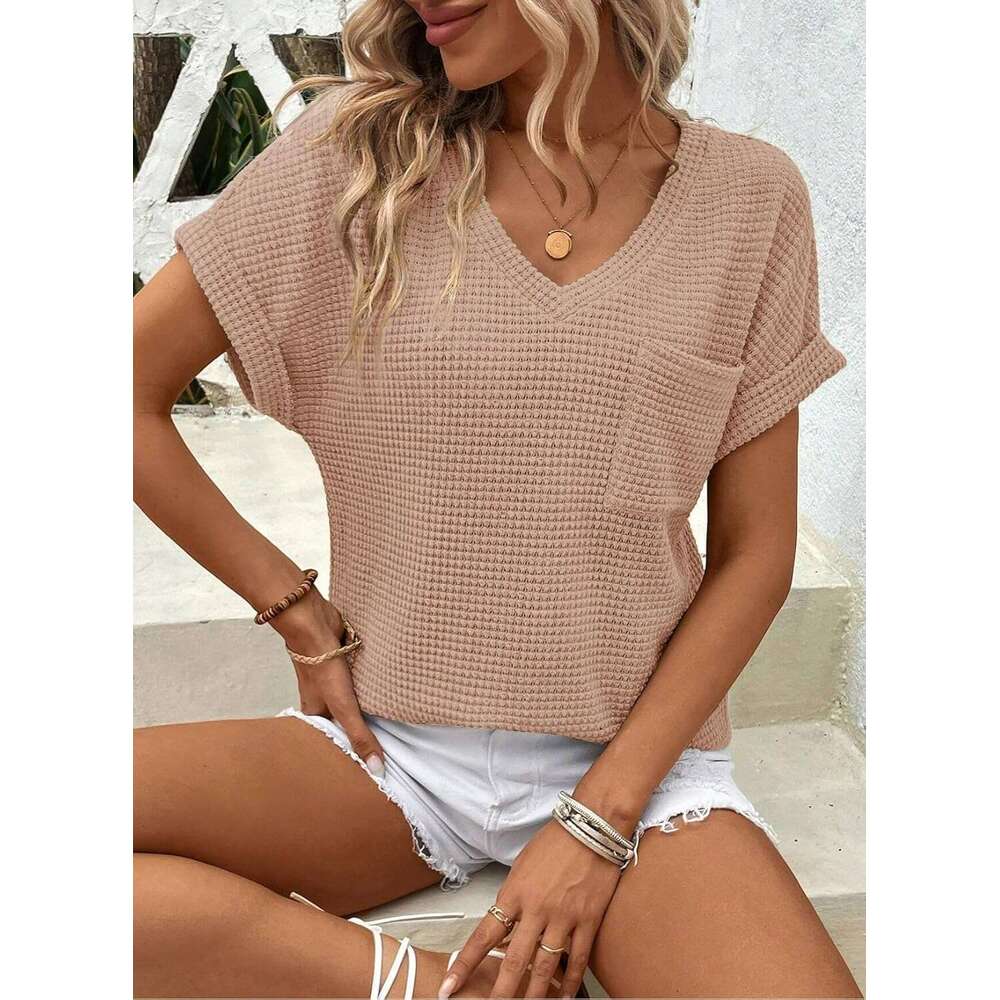 Womens Waffle Designer Knit Tops 2026 Spring Summer V Neck Shirts Casual Trendy Women's Blouses Basic Tee
