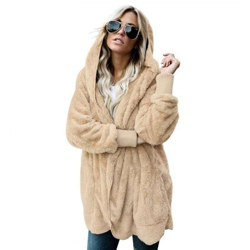 Autumn Winter Double Fleece Cardigan Women Solid Color Long Sleeve Plush Warm Hooded Lady Jacket Oversized Outerwear Coat