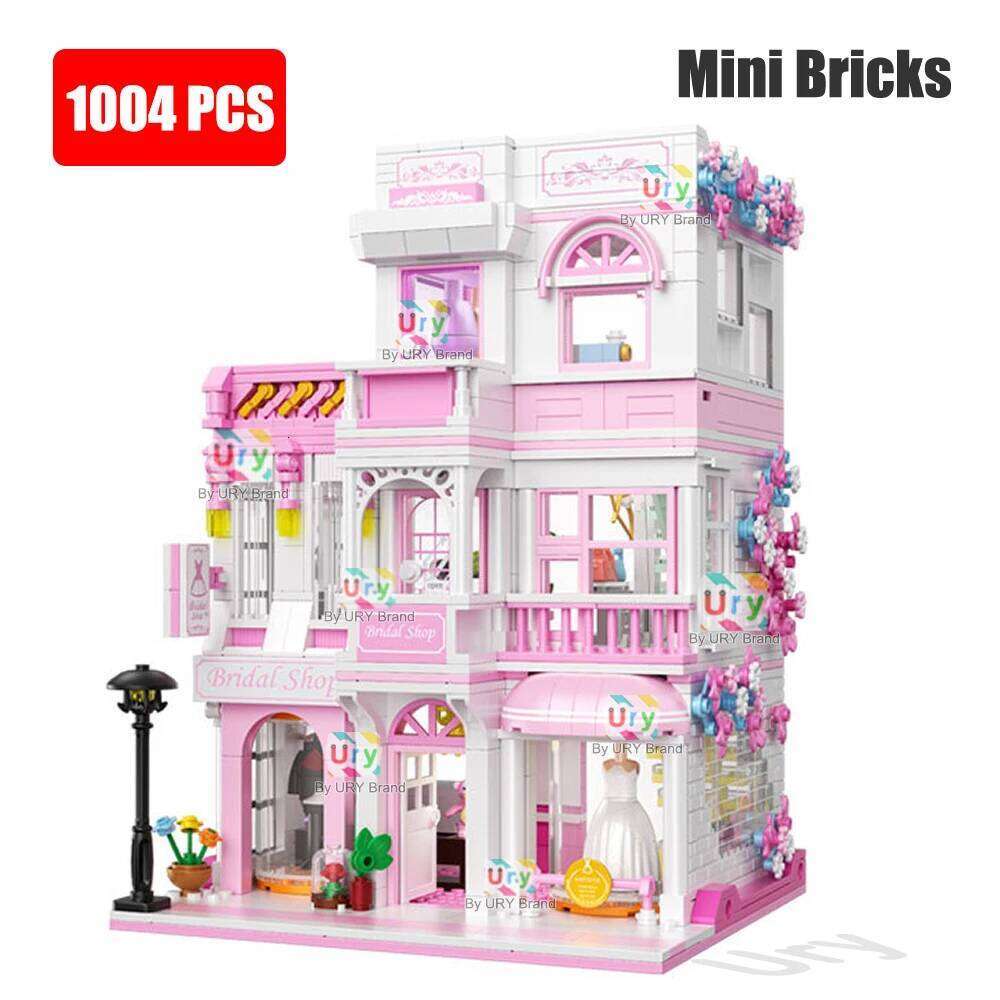 Mini City Street View Friends House Pink Wedding Dress Shop Modular Villa with Light MOC Architecture Building Block Set for Kid Z260305