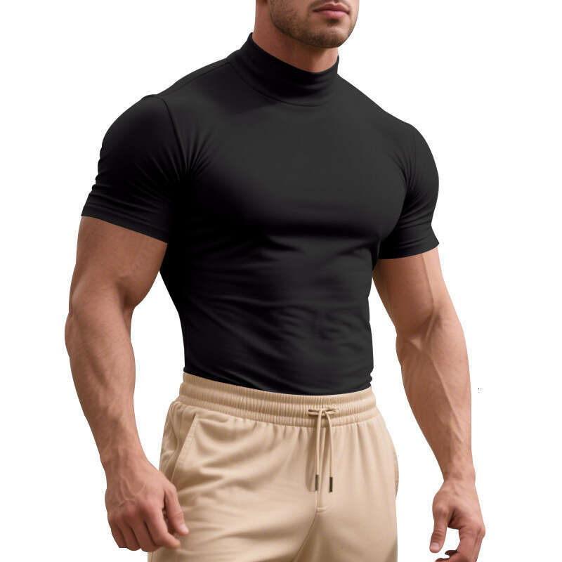 25 Cross-border European American men's summer stretch slim-fit British gentleman casual base shirt with a small high collar and short sleeves