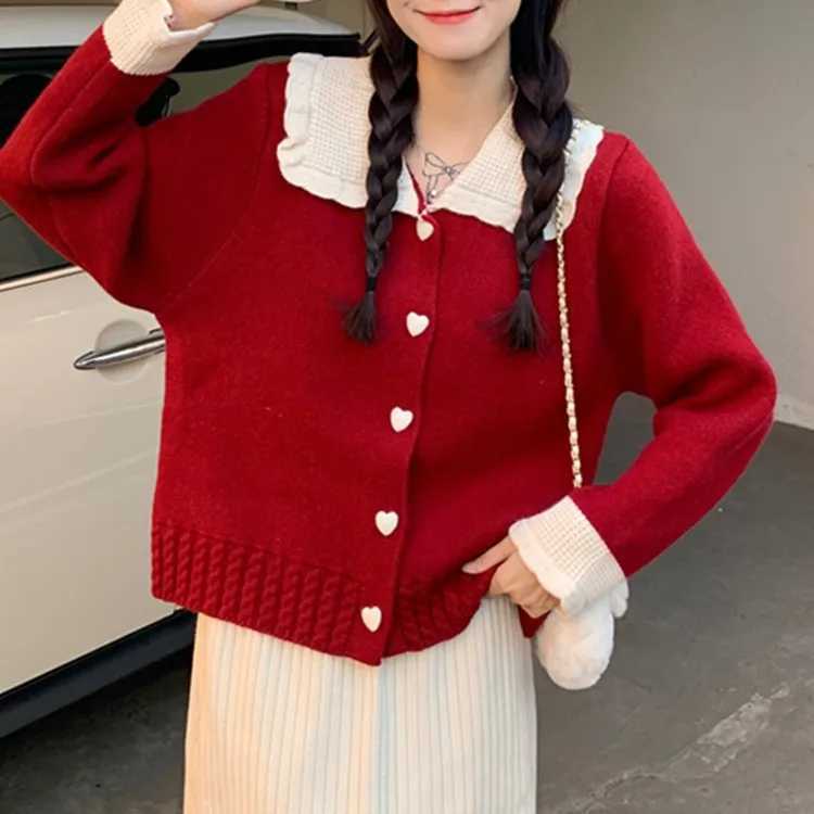 Womens Cardigan Sweater Coat Red White Contrast Doll Neck Knitwear Autumn Winter 2023 New Sweet Thicked Heart Button Sweaters M260306