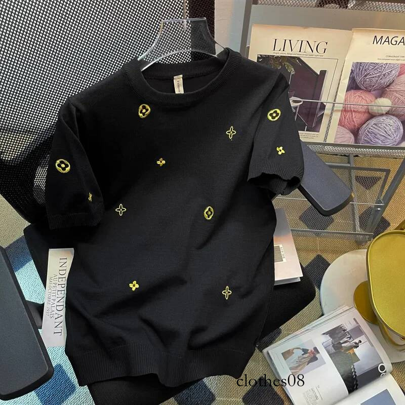 2022 Spring Summer New Men's Half Sleeve Embroidered Round Neck Ice Silk T-Shirt Trendy Knitted Base Layer Casual Style