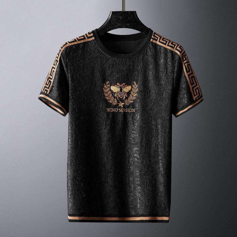 Bee Embroidery Ribbon Paired With Jacquard Silk Men's Short-Sleeve T-Shirt, Summer Plus-Size Half-Sleeve T-Shirt For Men