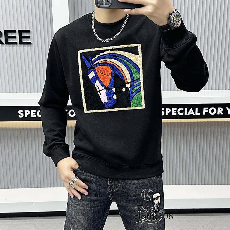 High-End Long Sve Hoodie Men's Embroidered Head Pattern round Ne Base irt Quali European Faion Youth Cotton ...