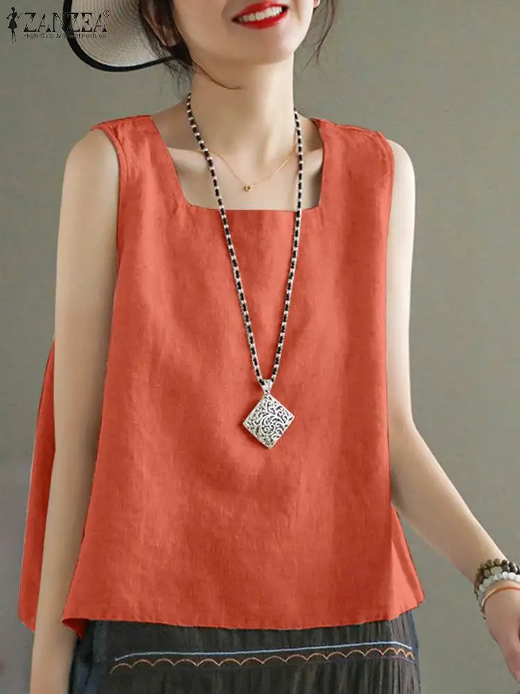 ZANZEA Summer Tanks Tops Women Square Neck Sleeveless Blouse Elegant Cotton Shirt Casual Solid Holiday Beach Blusas Female Tunic 260306