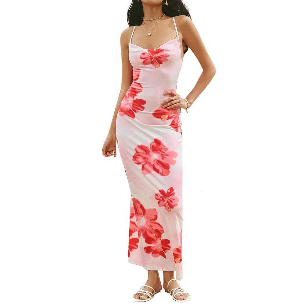 Spring and Summer Pink Floral Strapless Dress for Outings Travel and Resort - Beach and Sand Design with Print Long Dress X260306