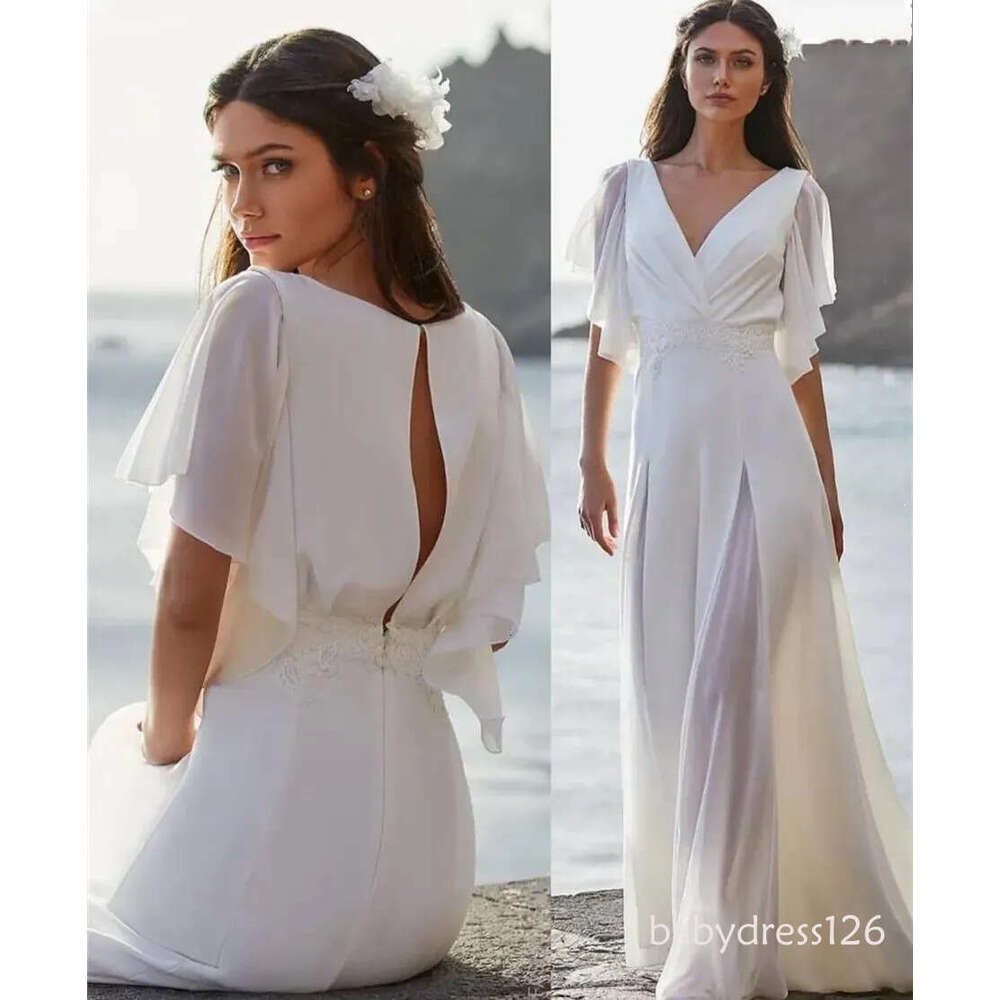 Simple Beach Wedding Dress 2026 A-Line Puffy Short Sleeve V-Neck Pleat Lace Appliques Open Back Sweep Train Bride Gown Vestidos De Noiva