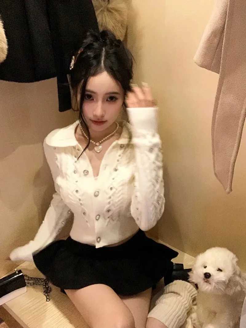 Patchwork Cardigan Y2k Spicy Outerwears Long SLeeve Knit Sweater Lapel NeCK Women CloTHing New Twist Cardigans M260306