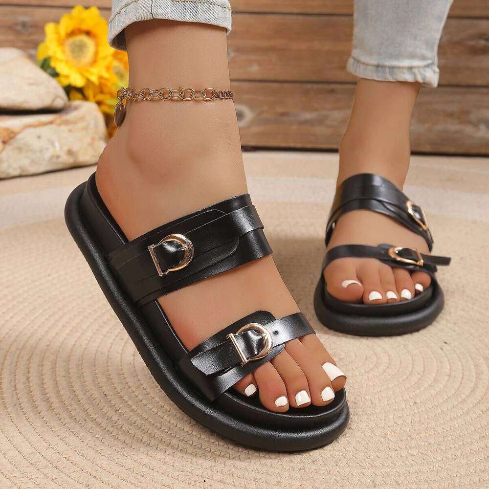 2026 Casual Flat Women Beach Slippers Outdoor Thick Bottom Female Summer Slides Metal Buckle Soft Leather Ladies Roman Shoes