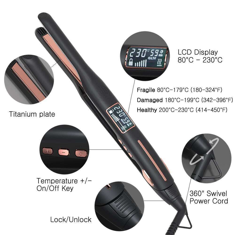 Curler 450F Pencil Flat Iron 10mm Titanium Thinnest Narrow Mini Straightener for Beard Short Hair Styling Tool 26Y0306