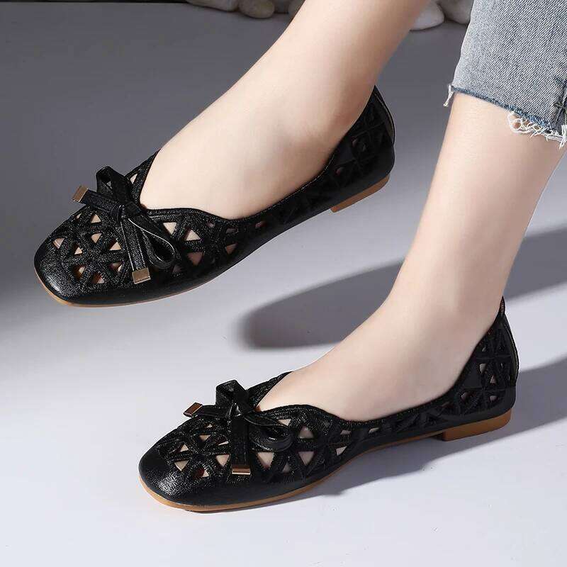 New Women's Retro Bow Single - Hollow Breathable Shallow Cut Square Head Shoes, Comfortable Soft Sole Flat Shoes