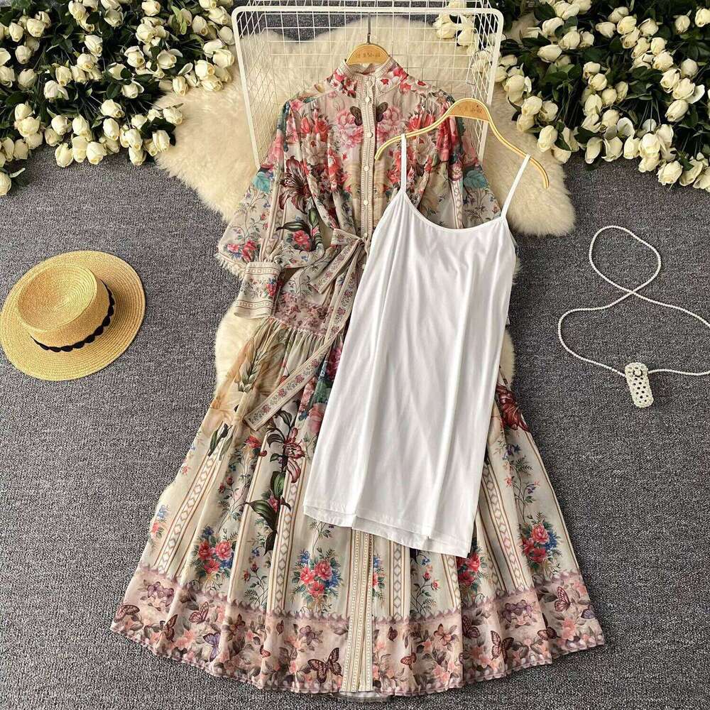 Summer Autumn Floral Print Maxi Dress Shirt Women Long Sleeve Single Breasted A Line Palace Design Loose Printing Party Vestidos Mdng260306