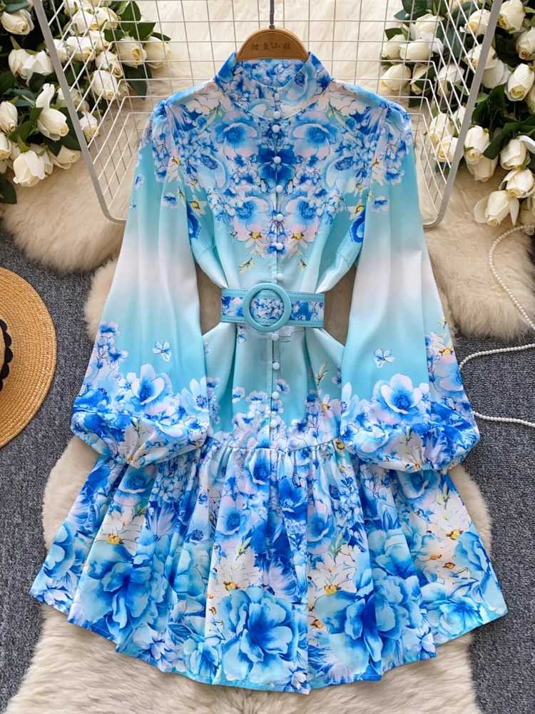 France Elegant Vintage Evening Dress Women Sashes Button Print Short Party Dress Female Casual Chic Festival Clothing New X260306