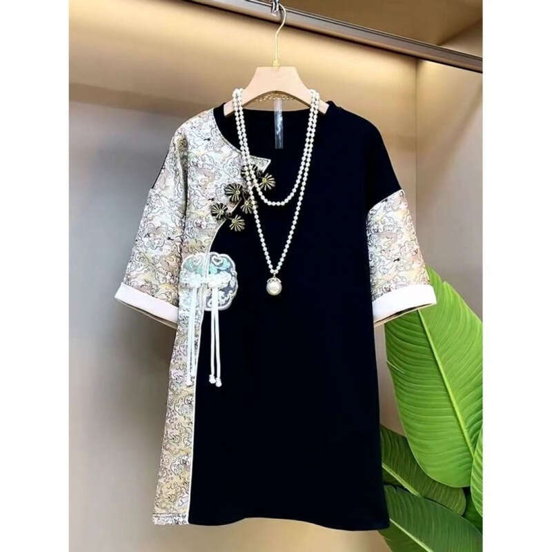 Summer Vintage O-neck Tops Ladies Patchwork Pullovers Women's Clothing Buttons Chinese Style Short Sleeve T-Shirts Chinese Style Age Reducing Fem