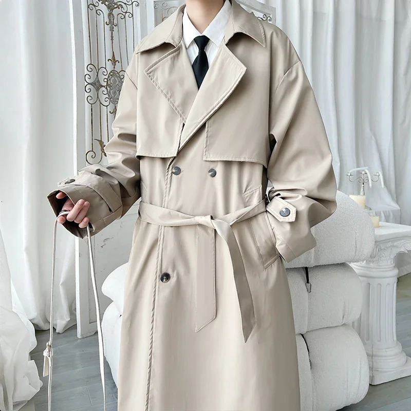 Mens Trench Coat Slim fit Double Breasted Belted Windbreaker Lapel Long Jacket Casual Windproof Overcoat Men M5XL 260302