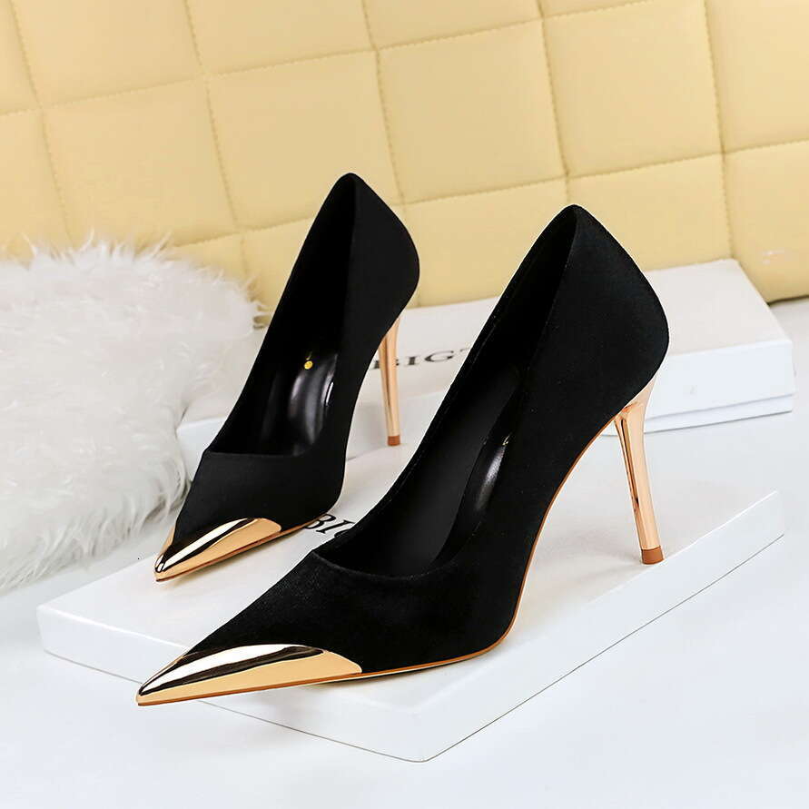 Women European And American Style Banquet Fashion Light Luxury High Heels Stiletto Metal Pointed Suede Women S Shoes