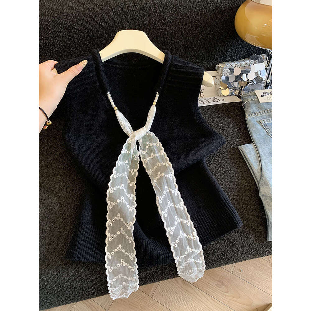 French-style lace ribbon V-neck knitted for women 2026 sleeveless vest Designer fashionable and versatile top A10499