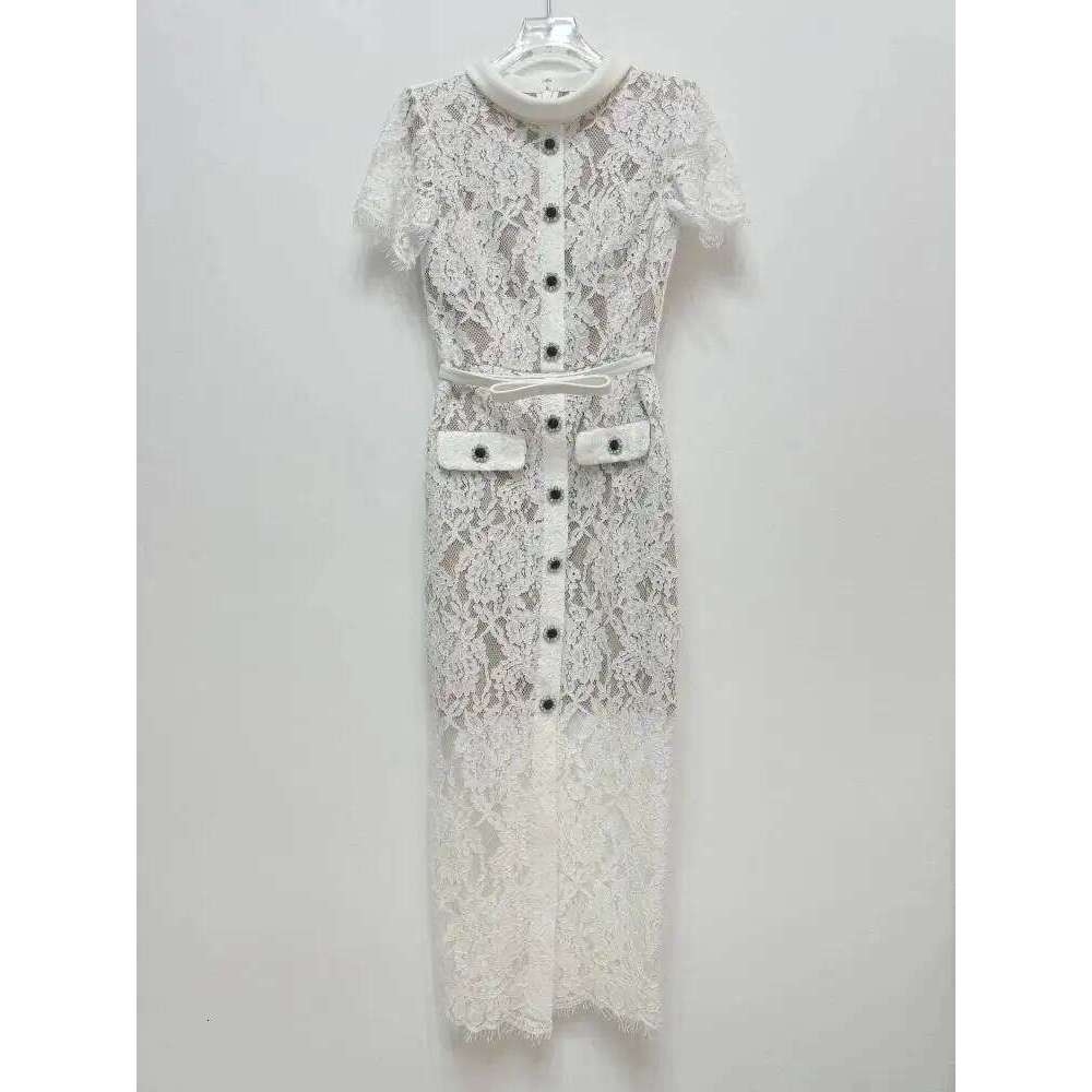 Luxury Summer Bead Crystal Sexy Perspective Eyelash Lace Long Dress Women Evening Short Sleeve Pencil Party Midi Dresses Mdng260306