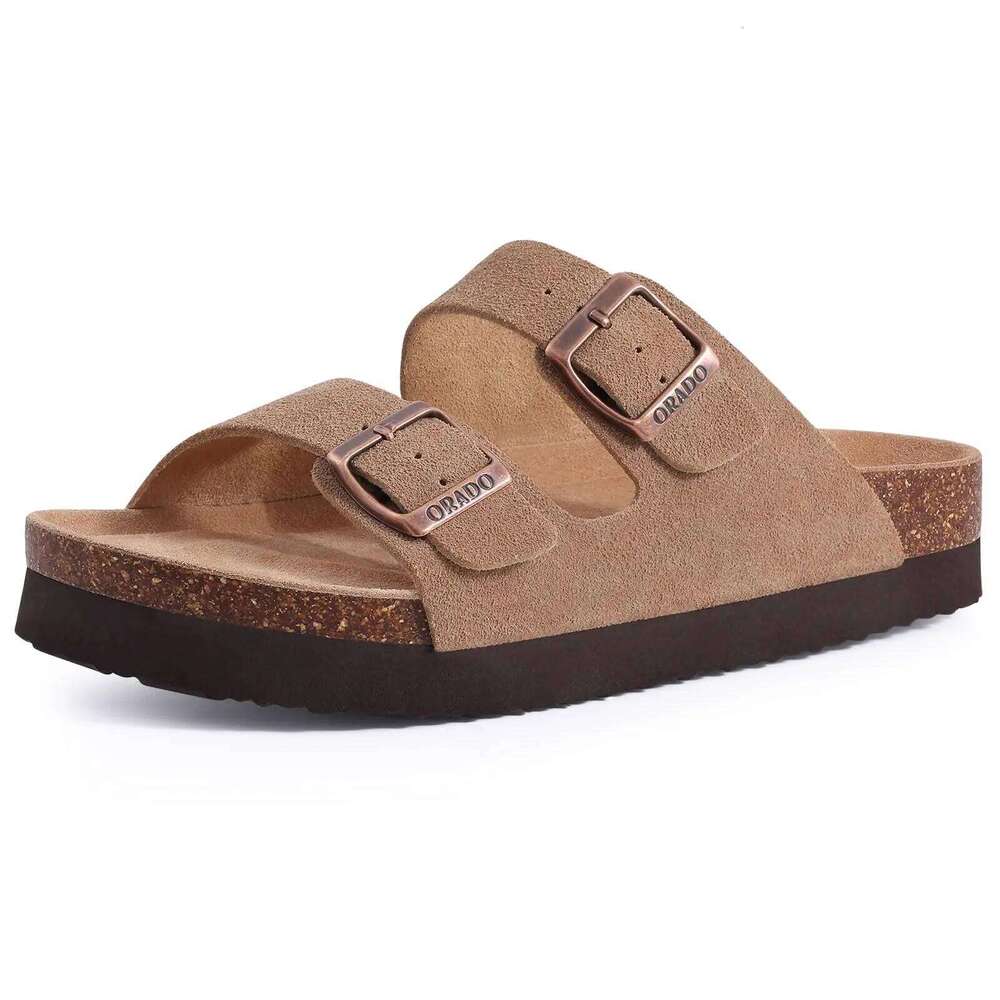 Litfun Women's Cork Footbed Classic Flat Fashion Thick Bottom Double Buckle Slides Beach Sandals With Adjustable