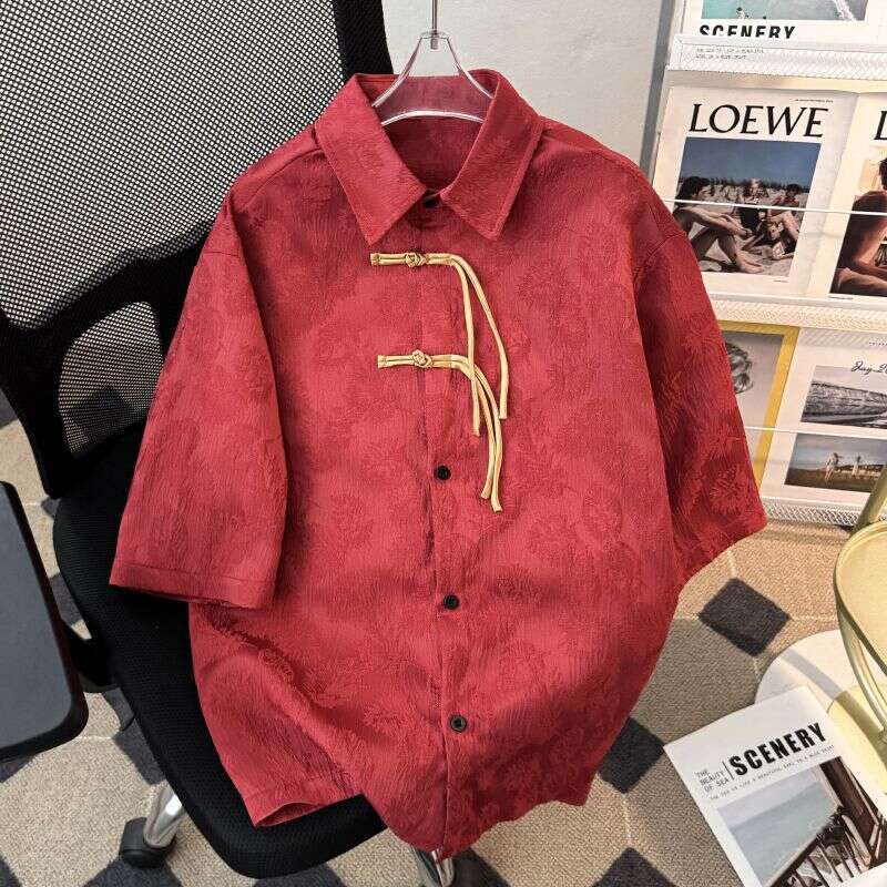 Plus Size 230 Chinese Style New Traditional Jacquard Red Short-Sleeve With Button Detail For Men And Women, Summer High-End Casual Shirt Asia Size