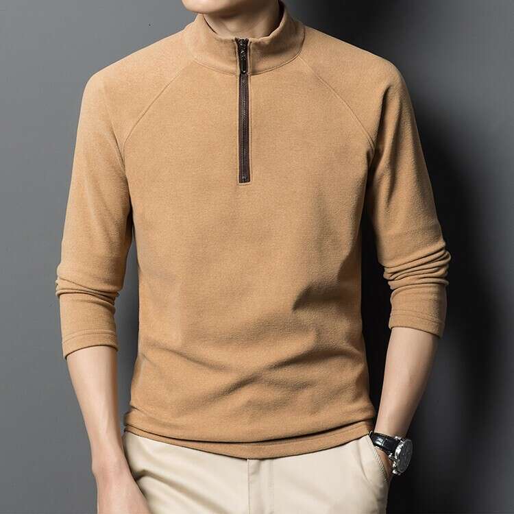 Double-sided velvet half-high collar zip-up sweatshirt for men, winter thickened warm solid color base shirt, men's long-sleeve T-shirt