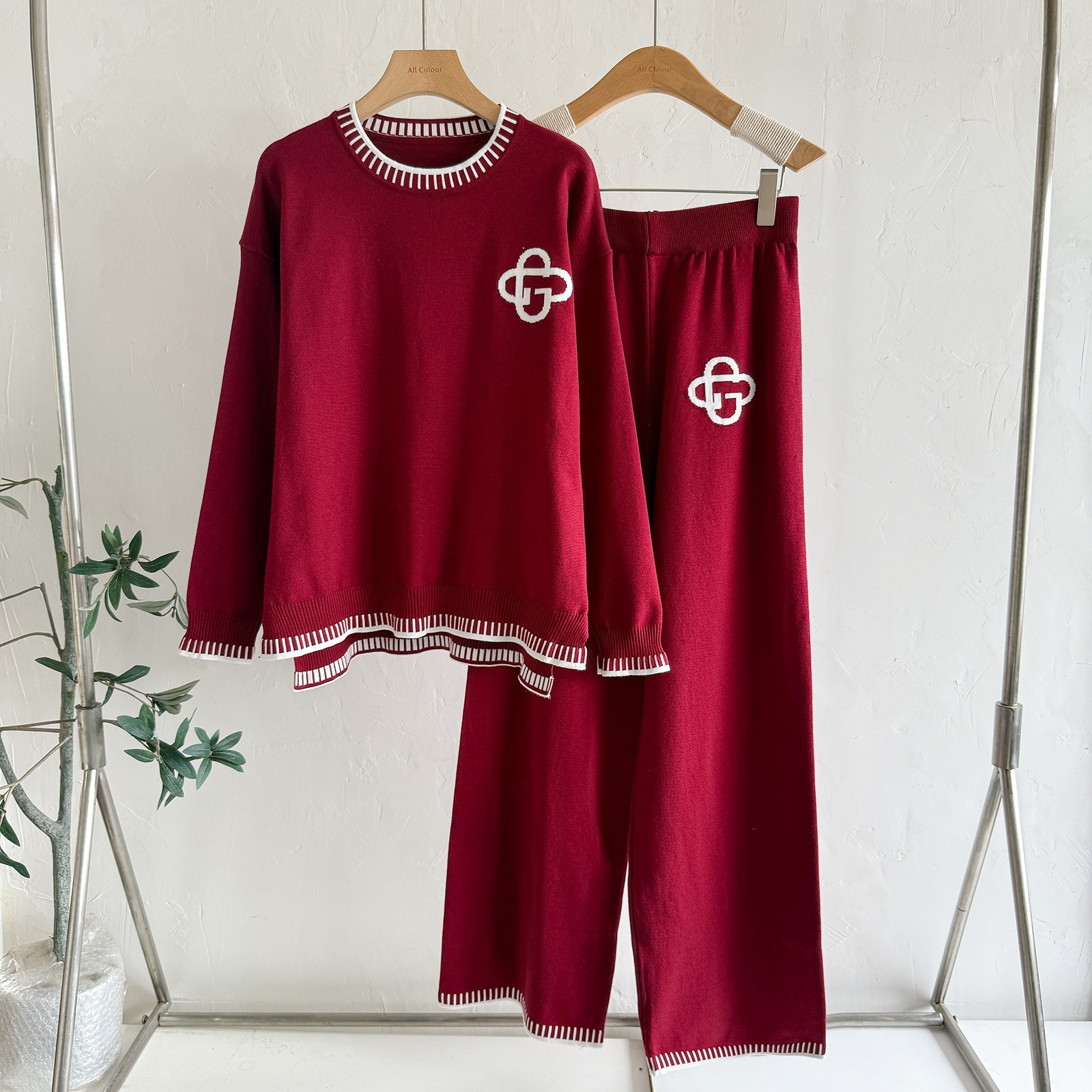 European and American Cross-Border Fashion Woolen Suit Autumn Winter Top + Casual Sports Wide-Leg Pants Knitted Two-Piece Set for Women