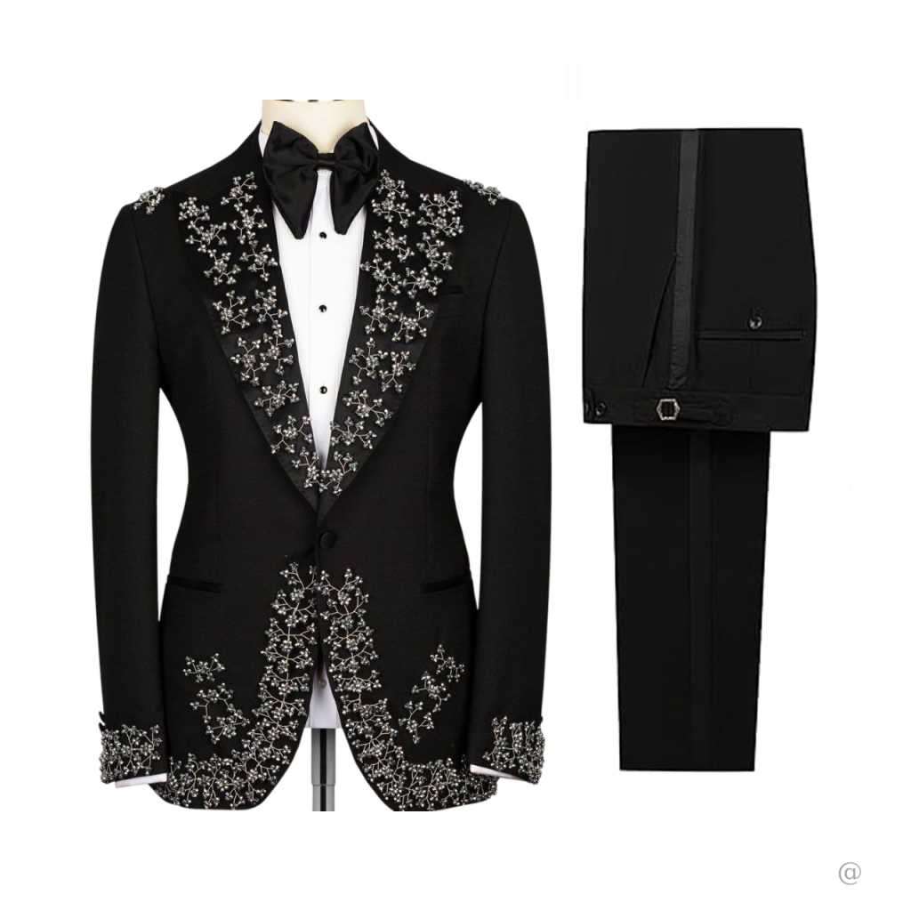 Luxury Crystals Groom Wedding Tuxedos One Button Prom Blazers Peaked Lapel Classic Fit Customized 2 Pieces Outfits