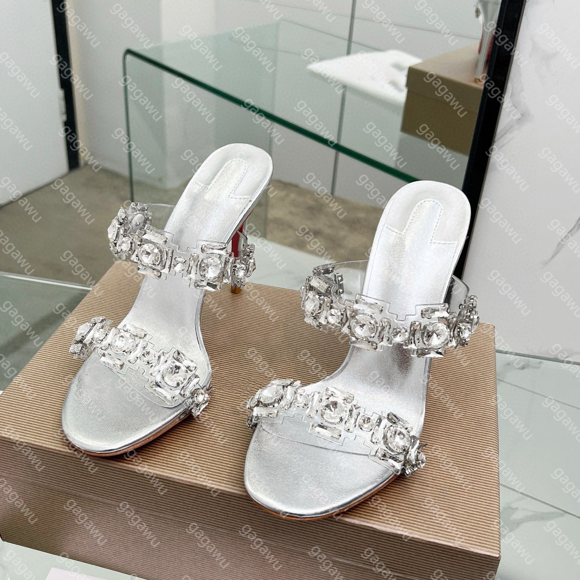 New Just Jewel 85 mm Sandals - TPU and laminated calf leather - Palacy - Women Premium Diamond High Heels Women's Stiletto Heel Size 35-42