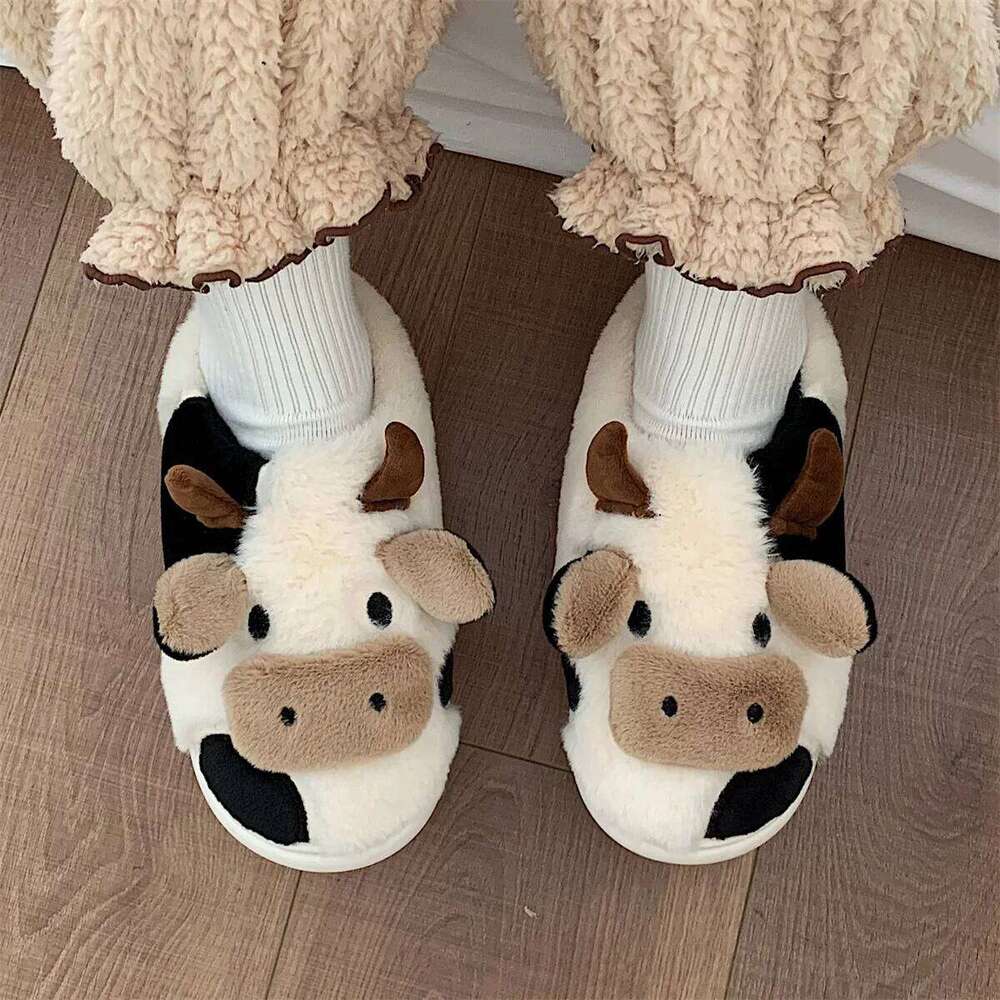 Litfun Plush Milk Cow Women Winter Home Cute Furry Anti-slip Fluffy Bedroom Slides Fur Cartoon Slippers