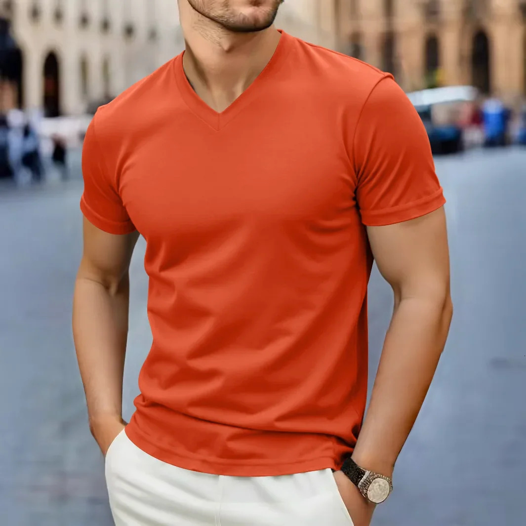 Mens Casual Fashion Simple Vneck Short Sleeved Tshirt Summer Comfortable Breathable Versatile Top 260302