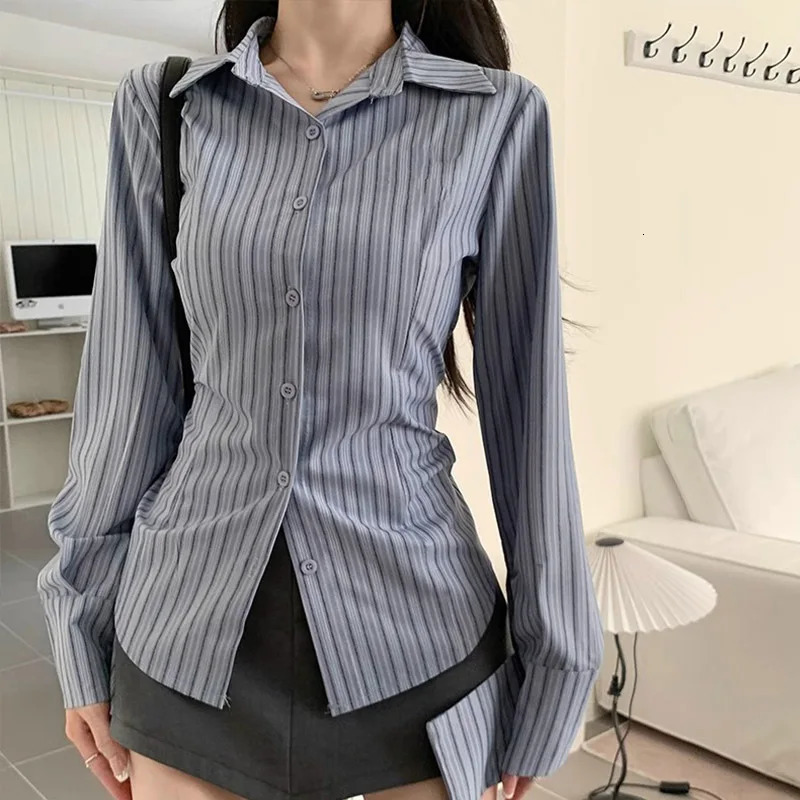 Korean Blue Striped Long Sleeve Shirt Jacket Womens Spring Waist Cinching Slimming Top Women Clothing 260306