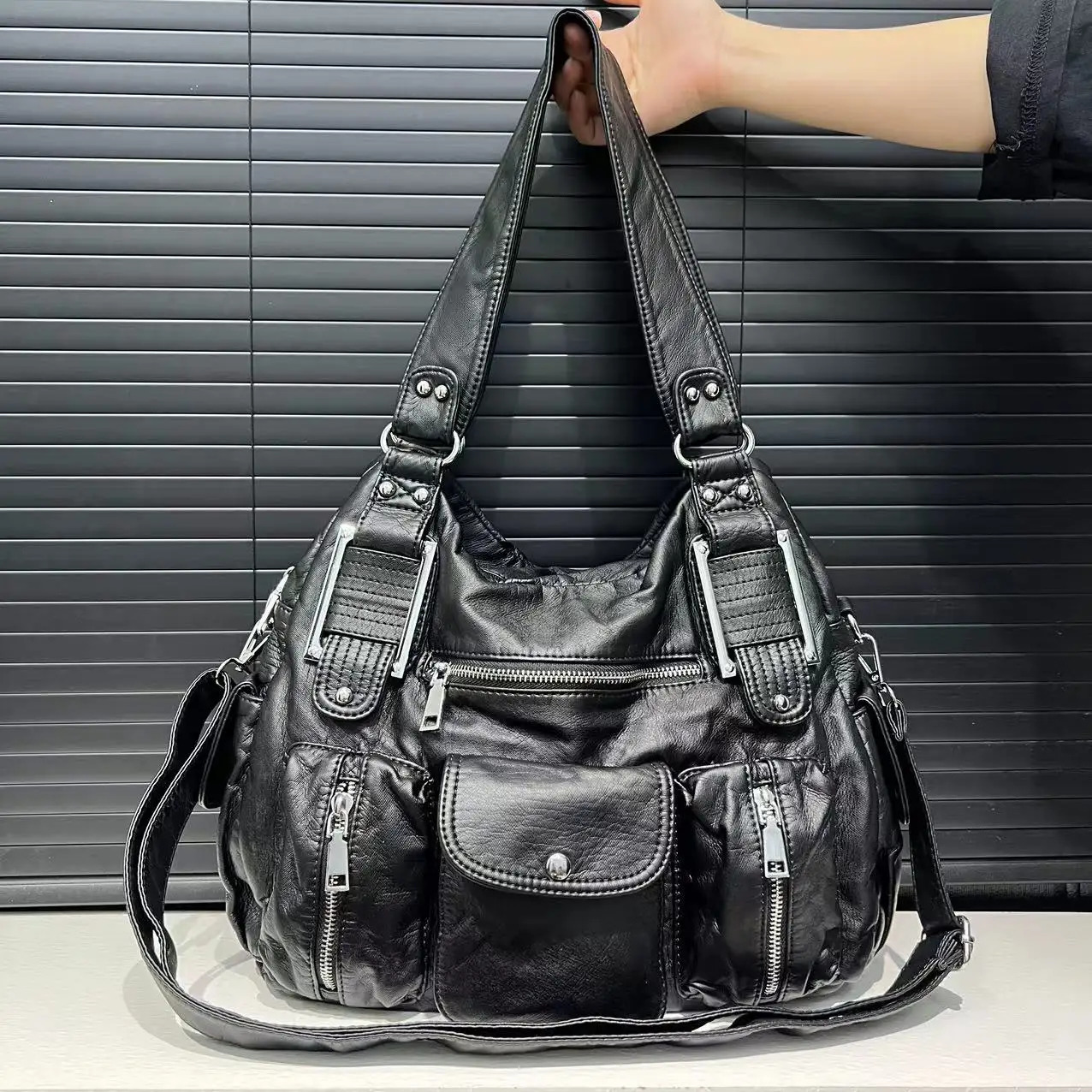 Womens Fashion Y2K Girl Motorcycle Bag Old Lychee Pattern Multi-Pocket Shoulder Crossbody Bag 260306