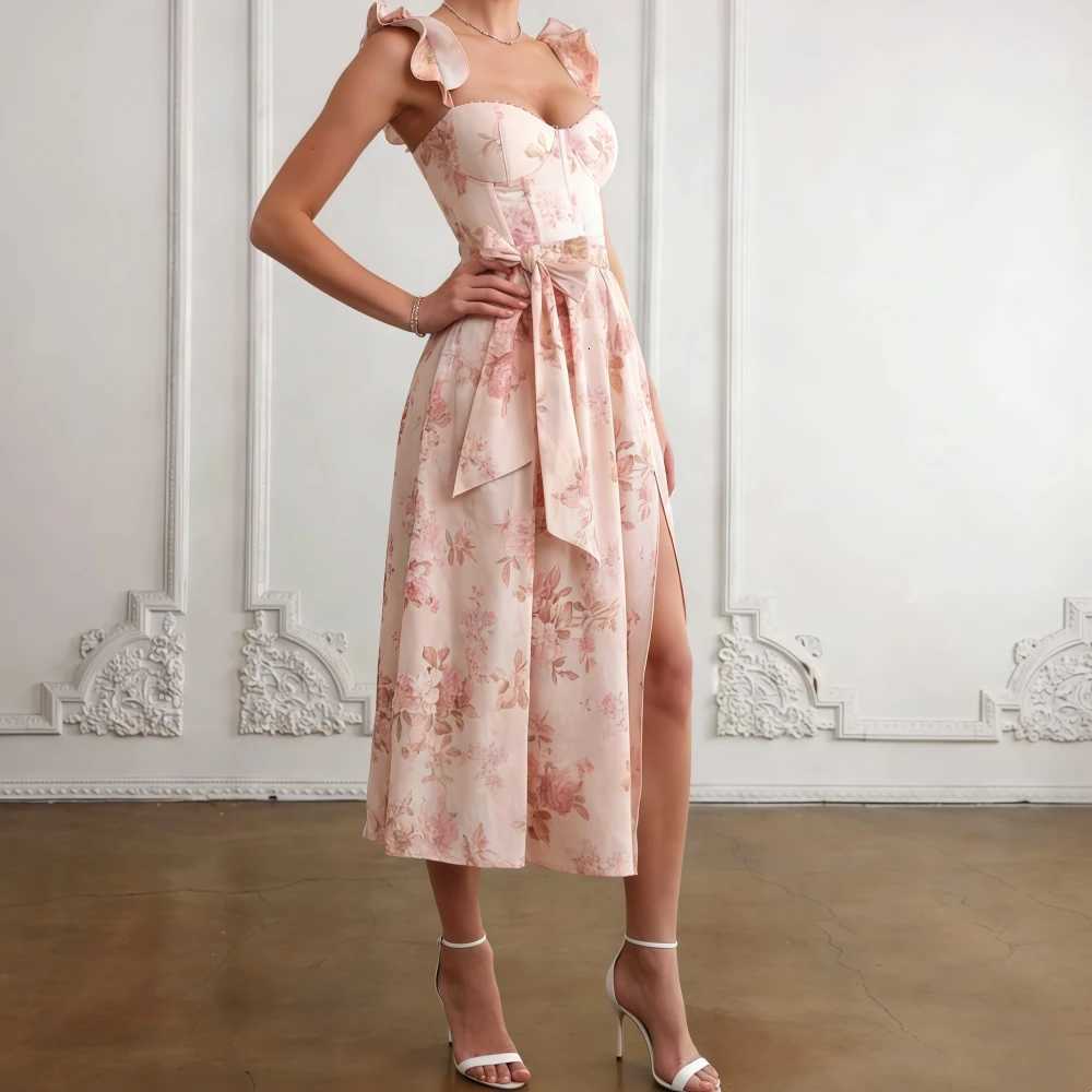 Elegant Flower Printed Sweetheart Neck Prom Dress with Ruffled Flying Sleeve Classic Empire Midi Party Dress French Slit Dress X260306