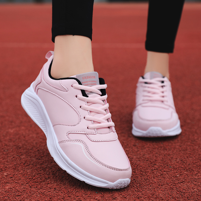 Autumn and winter leather outdoor running women's shoes, flat sports and leisure shoes, women's white shoes, oversized travel and driving sh