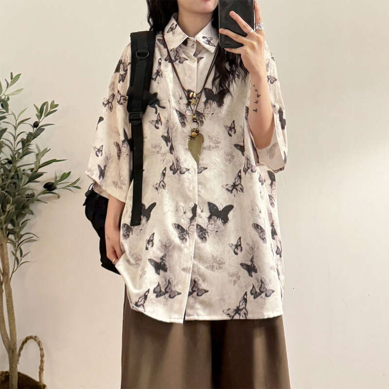 Summer CasualFashion Loose Retro Fashion Buttons Single Breasted Printing Short Sleeve Dyeing Technique Casual Hang Sensation Haome Top