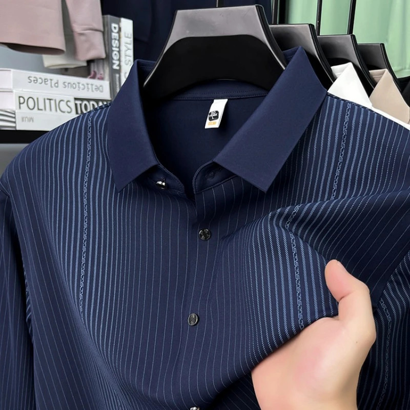 Mens Stretch Stripe Shirt - Elegant Slim Fit Long Sleeve for Business Casual Wrinkle-Resistant Office-to-Commute Wear M-4XL 260304