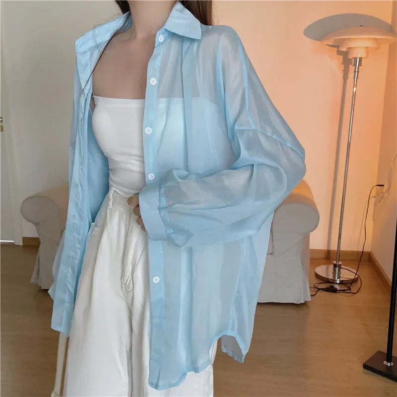 Xpqbb Womens White Chiffon Shirt Sheer Thin Long Sleeve Sun Protection Blouse Woman Casual Loose Simple Single-breasted Shirts 260306