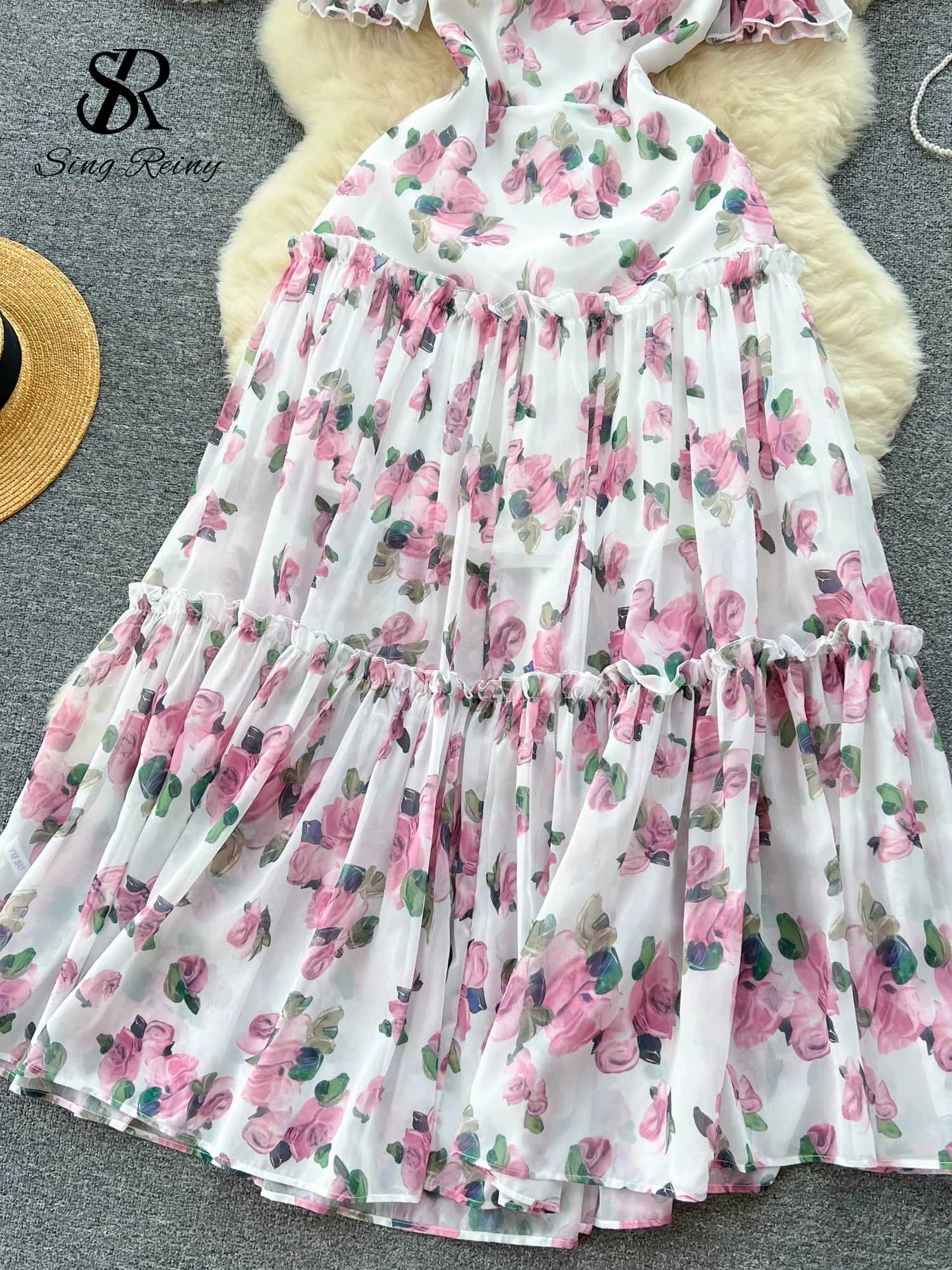 SINGREINY Beach Vacation Floral Print Dress Women Backless Lace Up Cross Bandage Ruched Korean Hotsweet Fashion Party Long Dress X260306