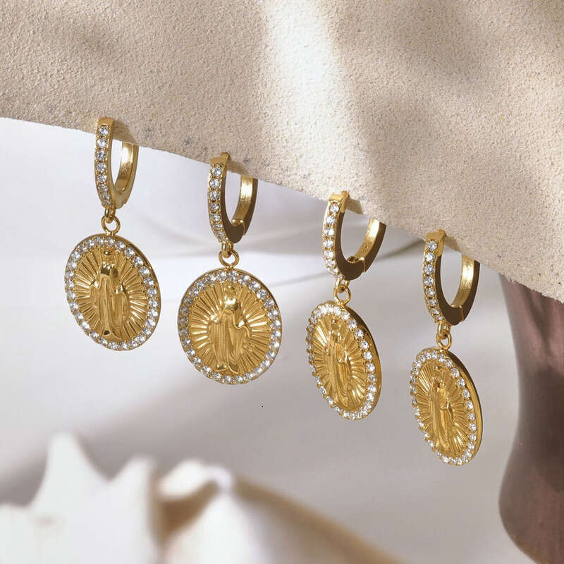 Women's Vintage Religious Earrings Ring Set: Stainless Steel 5A Zircon Jesus Oval Full Diamond Round Pendant 18k Gold Plated Ins Personalized Dai