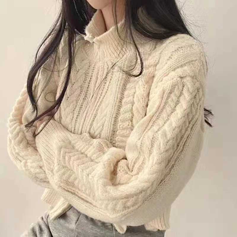Twists Knit Short Coat Long Sleeve Zipper Sweater Casual Women Cardigan Vintage Winter Korean Chic Elegant 2024 Lady Trend Top M260306