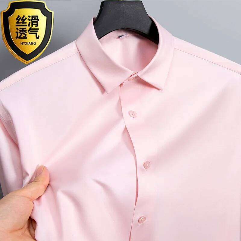 Summer white glossy non ironing shirt, men's wrinkle resistant ice silk casual high-end seamless business shirt