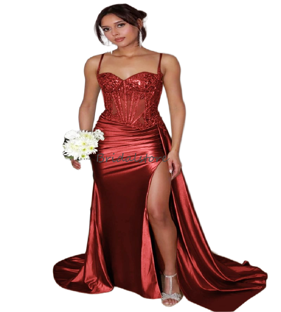 Ethereal Green Satin Prom Dresses With High Slit Plus Size Spaghetti Straps Lace Evening Gowns 2026 Outdoor Garden Formal Party Vestio De Gala Elegant