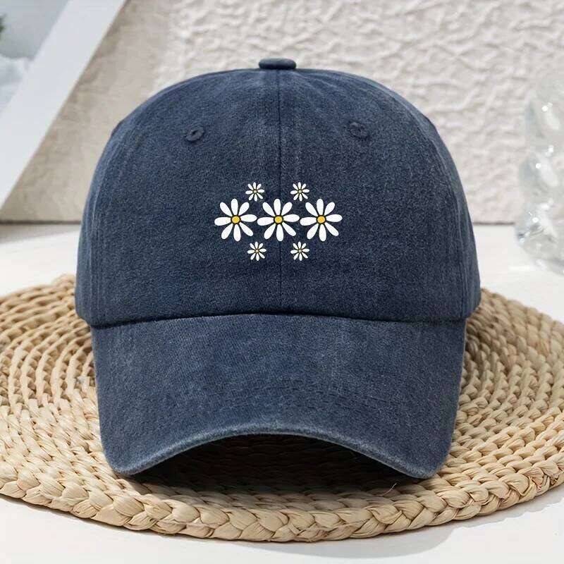 Fashion Versatile Little Daisy Cartoon Print Washed Vintage Soft Top Sunshade Unisex Baseball Cap Y260304