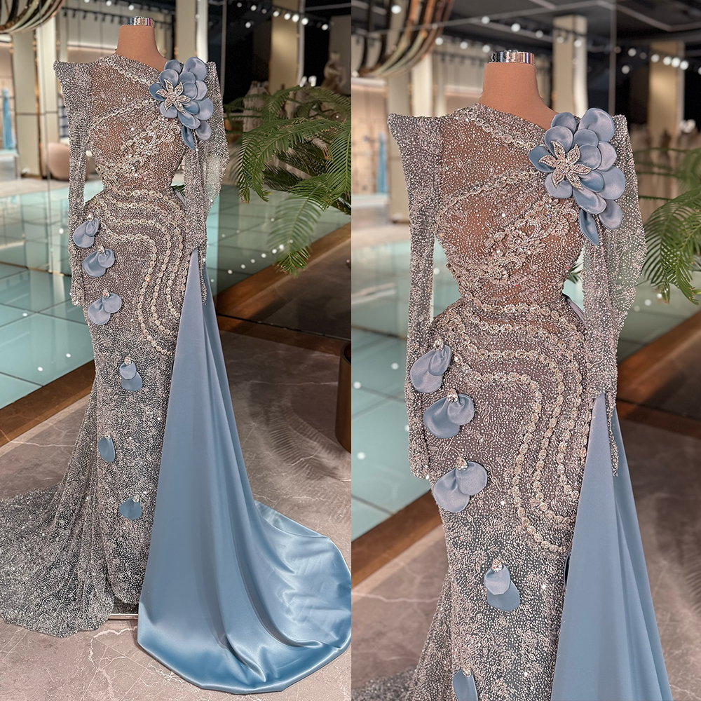 Graceful Evening Dresses Mermaid 3D Flowers Beads Long Sleeve Rhinestones Prom Dresses Celebrity Party Gown Customized Vestido De Novia