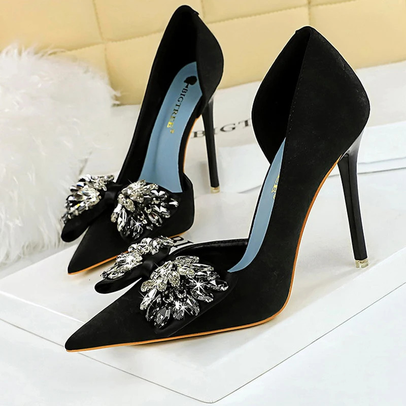 BIGTREE Shoes Rhinestone Bow Women Pumps Banquet Shoes Sexy High Heels Women Stilettos Party Shoes Large Size 41 42 43 260306