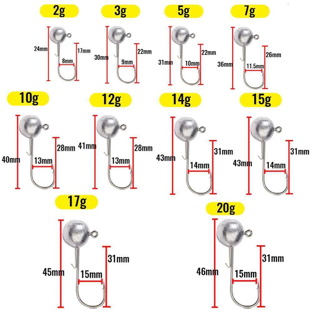10pcs/lot Metal Jig Hooks 1g 20g All Size Round Ball Jigging Head Hook Barbed Weedless Long Shank for Soft Worm Fishing Fishhook S260305