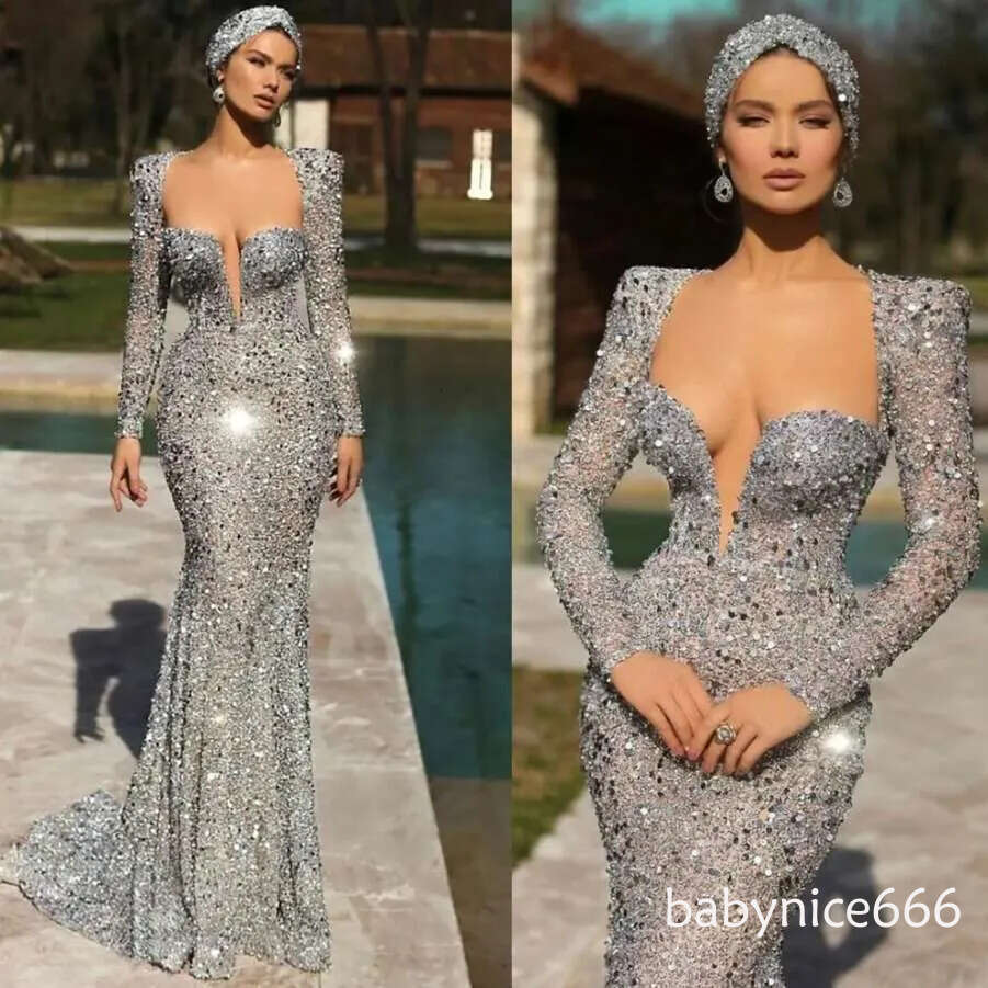 Sparkle Silver Sequined Mermaid Prom Pgeant Dresses For Arabic Women Sweetheart Neck Long Sleeves Plus Size Cusotm Made Evening Special Ocn Wears Vest