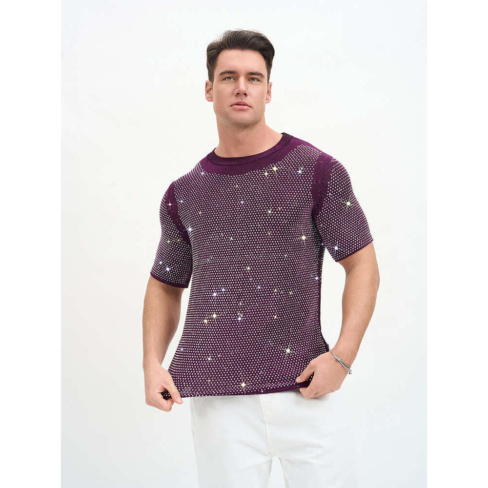 New European and American men's clothing, American-style breathable double-layer short-sleeve T-shirt, rhinestone party nightclub outfit