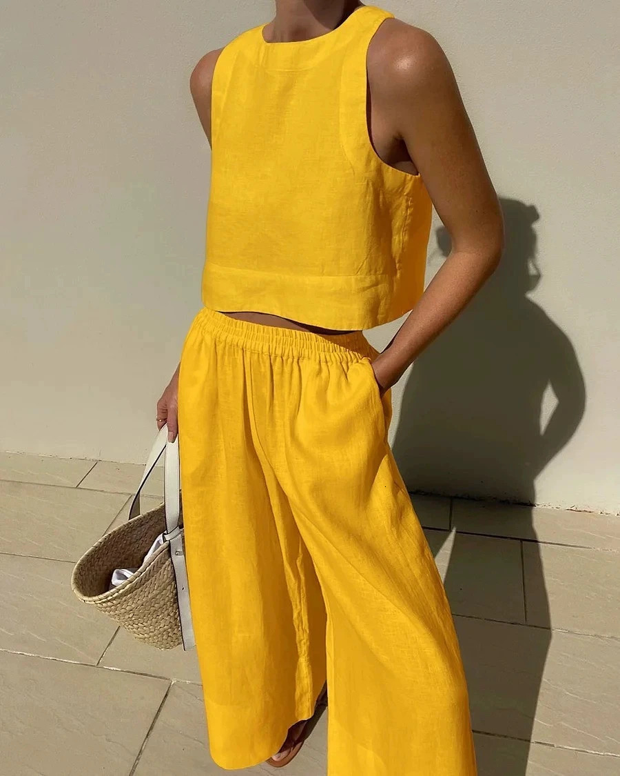 Cotton And Linen Pant Sets Women Sleeveless Leace-up Short Tops Drawstring Long Pants Two Piece Set Commuting Summer 260305